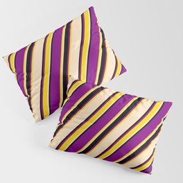 [ Thumbnail: Purple, Yellow, Bisque, and Black Colored Pattern of Stripes Pillow Sham ]