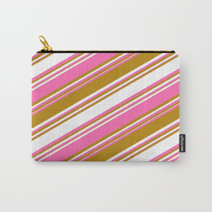 Dark Goldenrod, White, and Hot Pink Colored Stripes/Lines Pattern Carry-All Pouch