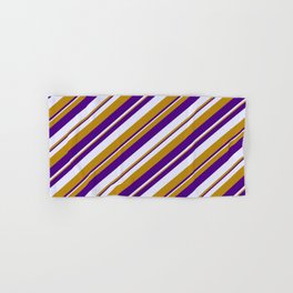 [ Thumbnail: Dark Goldenrod, Indigo, and Lavender Colored Lined Pattern Hand & Bath Towel ]
