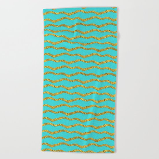 Golden waves - Abstract geometrical pattern on aqua backround Beach Towel