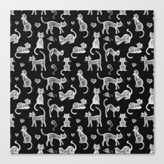 Teacher's Pet - chalk board cat pattern - white on black Canvas Print