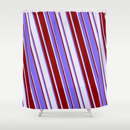 [ Thumbnail: Medium Slate Blue, Lavender & Dark Red Colored Stripes/Lines Pattern Shower Curtain ]
