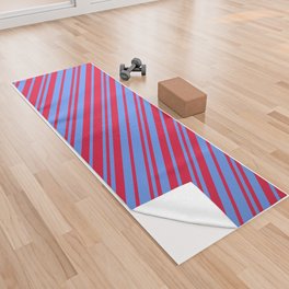 [ Thumbnail: Crimson and Cornflower Blue Colored Lines Pattern Yoga Towel ]