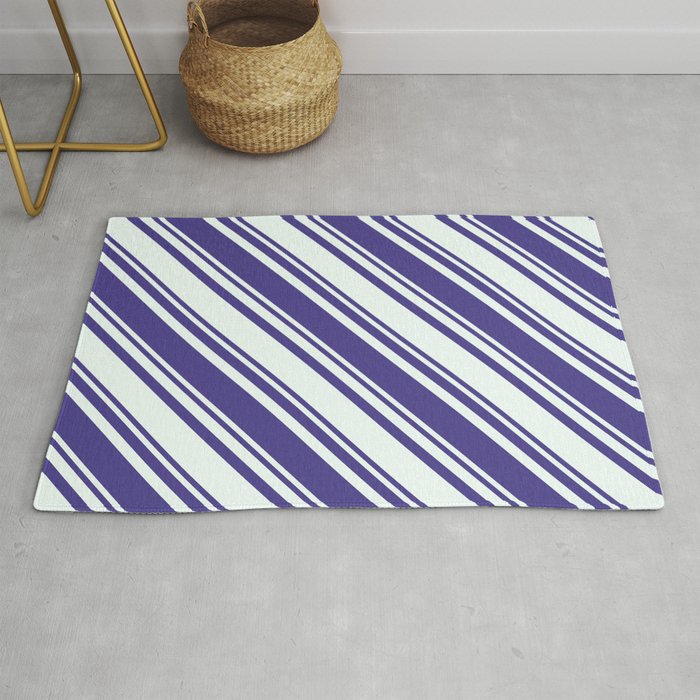 Dark Slate Blue & Mint Cream Colored Stripes/Lines Pattern Rug