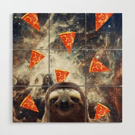 Sloth in flying pizza space Wood Wall Art