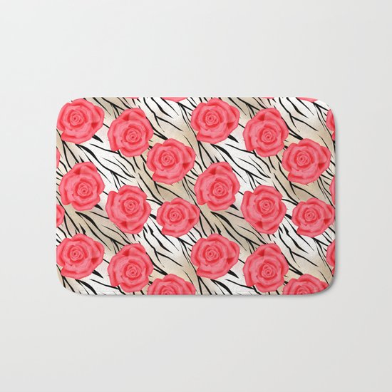 Red roses on a light tiger background . Bath Mat