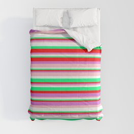 [ Thumbnail: Colorful Green, Red, Orchid, Pink, and White Colored Pattern of Stripes Comforter ]