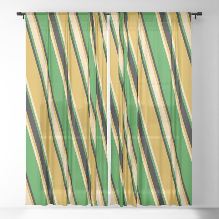 Goldenrod, Tan, Forest Green, and Black Colored Striped/Lined Pattern Sheer Curtain