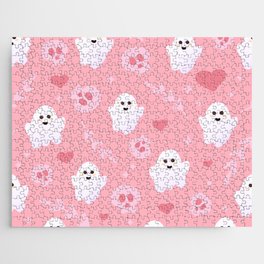 Ghost Cute Seamless Pattern in Pink Colours with Skulls, Hearts and Leaves Jigsaw Puzzle