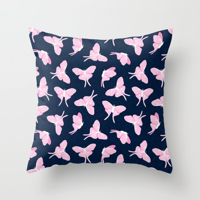 luna moth - pink on navy blue Throw Pillow