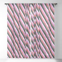[ Thumbnail: Eye-catching Violet, Red, Dark Slate Gray, Black & White Colored Striped/Lined Pattern Sheer Curtain ]
