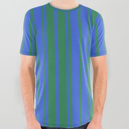 [ Thumbnail: Royal Blue & Sea Green Colored Stripes/Lines Pattern All Over Graphic Tee ]