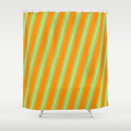 [ Thumbnail: Dark Orange and Light Green Colored Lined/Striped Pattern Shower Curtain ]