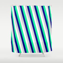 [ Thumbnail: White, Green, Dark Blue & Light Grey Colored Lines Pattern Shower Curtain ]