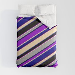 [ Thumbnail: Eyecatching Dark Violet, Beige, Dark Grey, Dark Blue & Black Colored Lined Pattern Comforter ]