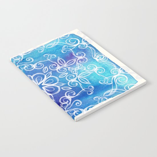 White Floral Painted Pattern on Blue Watercolor Notebook