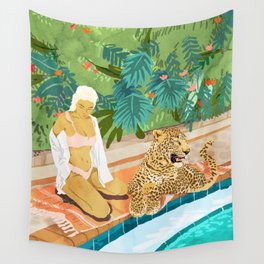 The Wild Side, Human & Nature Connection, Woman With Cheetah Cat, Tiger Painting Wall Tapestry