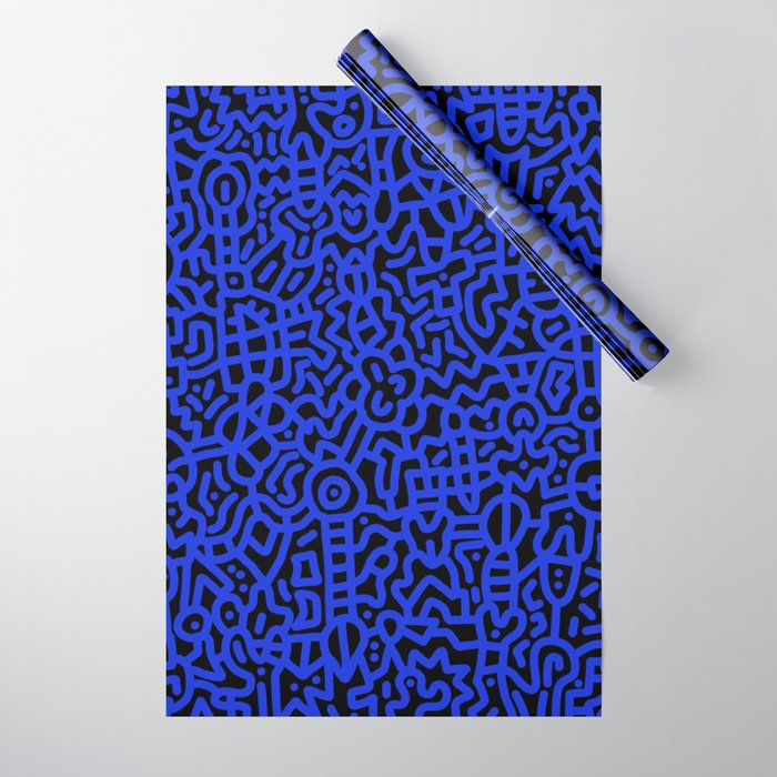Cobalt Blue on Black Doodles Wrapping Paper