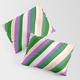 [ Thumbnail: Tan, Orchid, Sea Green, Green & White Colored Stripes/Lines Pattern Pillow Sham ]