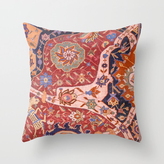 Arabesque Floral II // 17th Century Rich Red Colors Interlaced Blue Bands Dragons Lions Pattern Rug Throw Pillow