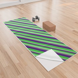 [ Thumbnail: Green, Gray, Indigo, and Lime Green Colored Stripes Pattern Yoga Towel ]