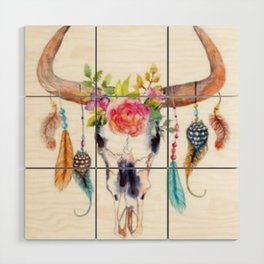 Floral and Feathers Adorned Bull Skull Wood Wall Art