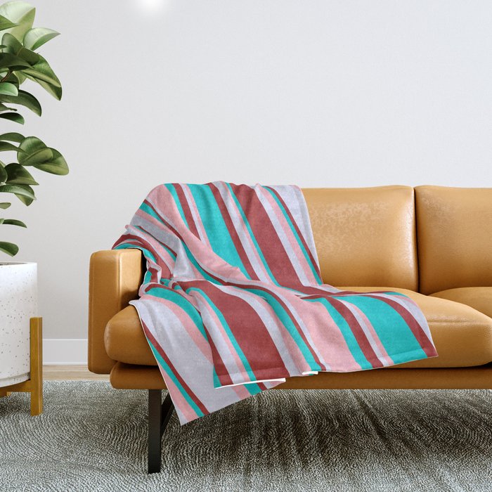 Dark Turquoise, Light Pink, Lavender & Brown Colored Lines Pattern Throw Blanket