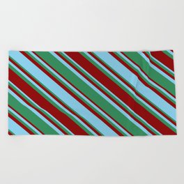 [ Thumbnail: Sky Blue, Sea Green, and Dark Red Colored Lined/Striped Pattern Beach Towel ]