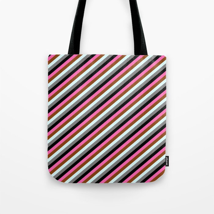 Eye-catching Hot Pink, Brown, Light Cyan, Gray & Black Colored Stripes Pattern Tote Bag