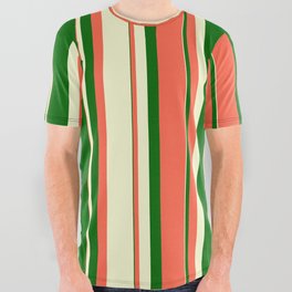 [ Thumbnail: Red, Light Yellow & Dark Green Colored Stripes Pattern All Over Graphic Tee ]