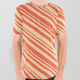 [ Thumbnail: Tan and Red Colored Striped/Lined Pattern All Over Graphic Tee ]