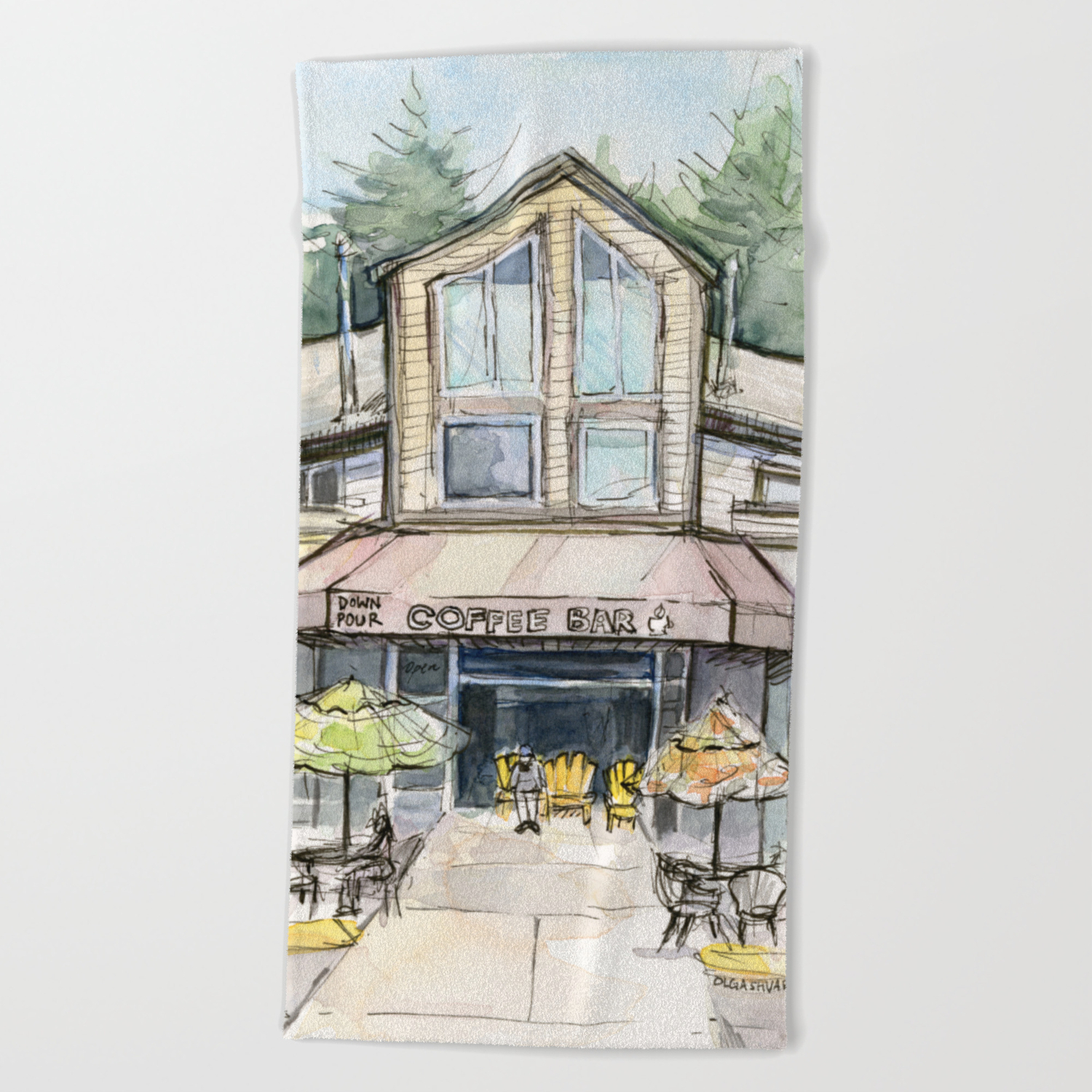 Coffee Shop Art Urban City Watercolor Beach Towel By Olechka