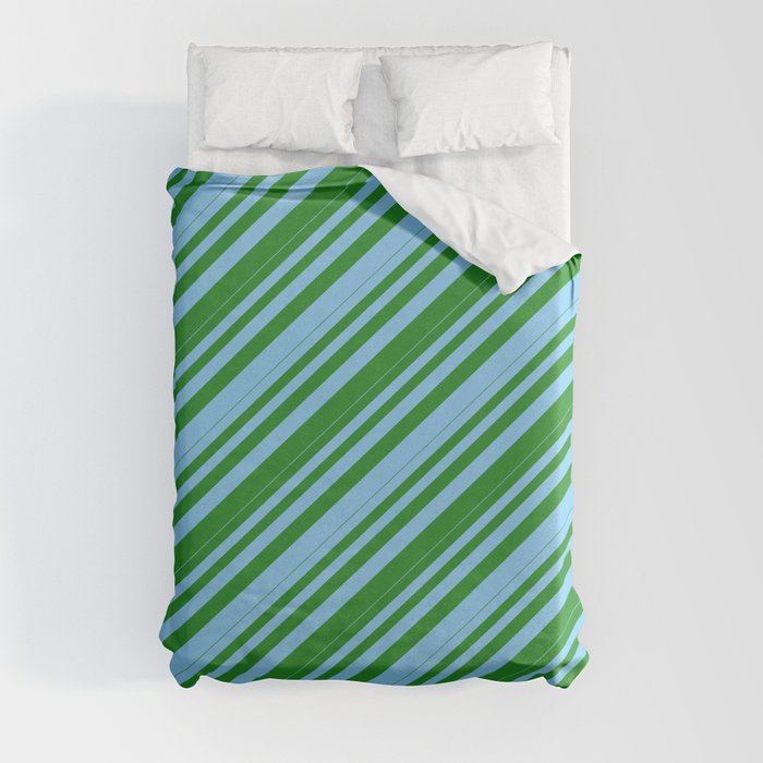 Light Sky Blue and Forest Green Colored Lines/Stripes Pattern Duvet Cover