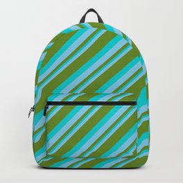 [ Thumbnail: Sky Blue, Green & Dark Turquoise Colored Striped Pattern Backpack ]