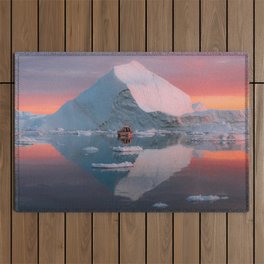 Boat in front of Iceberg during bright sunset – Landscape Photography Outdoor Rug