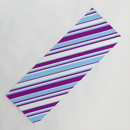 [ Thumbnail: Purple, Mint Cream, and Light Sky Blue Colored Lined/Striped Pattern Yoga Mat ]