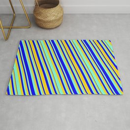 [ Thumbnail: Aquamarine, Blue & Yellow Colored Lines Pattern Rug ]