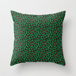 Christmas Leopard Print Black and Red on Green Throw Pillow