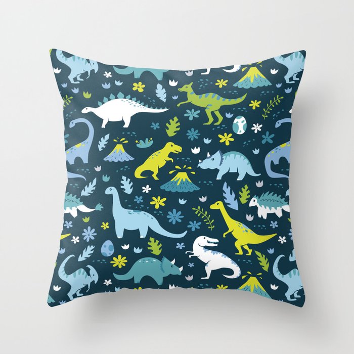 Kawaii Dinosaurs in Blue + Green Throw Pillow