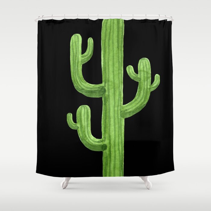 Green Cactus on Black Shower Curtain