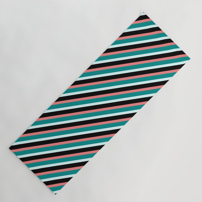 Light Coral, Dark Cyan, Light Cyan, and Black Colored Lined/Striped Pattern Yoga Mat