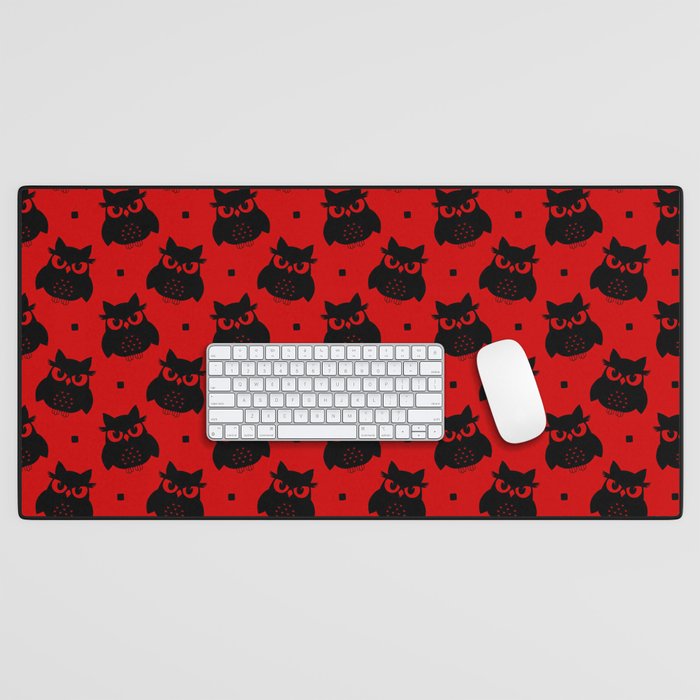 Black Cute Owl Seamless Pattern on Red Background Desk Mat