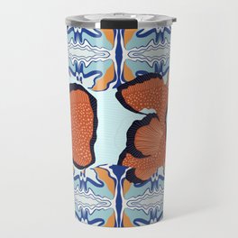 Clownfish swimming on an orange and blue patterned background Travel Mug