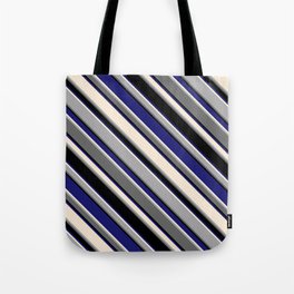 [ Thumbnail: Eye-catching Midnight Blue, Beige, Dark Grey, Dim Grey & Black Colored Striped Pattern Tote Bag ]