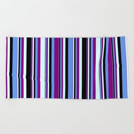 [ Thumbnail: Cornflower Blue, Purple, Light Cyan, and Black Colored Stripes Pattern Beach Towel ]