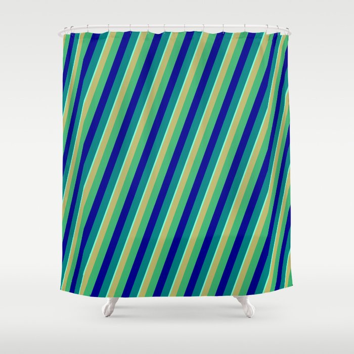 Vibrant Dark Khaki, Sea Green, Dark Blue, Teal & Aquamarine Colored Striped Pattern Shower Curtain