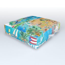 Puerto Rico Islands Illustrated Travel Map with Roads and Highlights Outdoor Floor Cushion