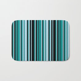 [ Thumbnail: Light Blue, Dark Cyan & Black Colored Striped Pattern Bath Mat ]