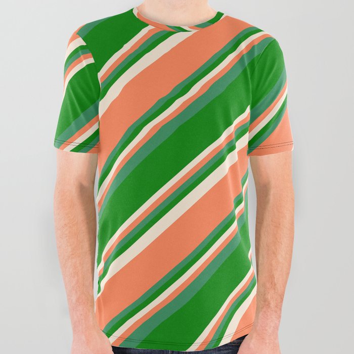 Beige, Coral, Sea Green, and Green Colored Pattern of Stripes All Over Graphic Tee