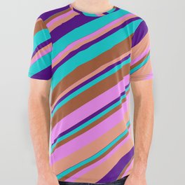 [ Thumbnail: Eye-catching Sienna, Violet, Dark Salmon, Indigo, and Dark Turquoise Colored Lined Pattern All Over Graphic Tee ]